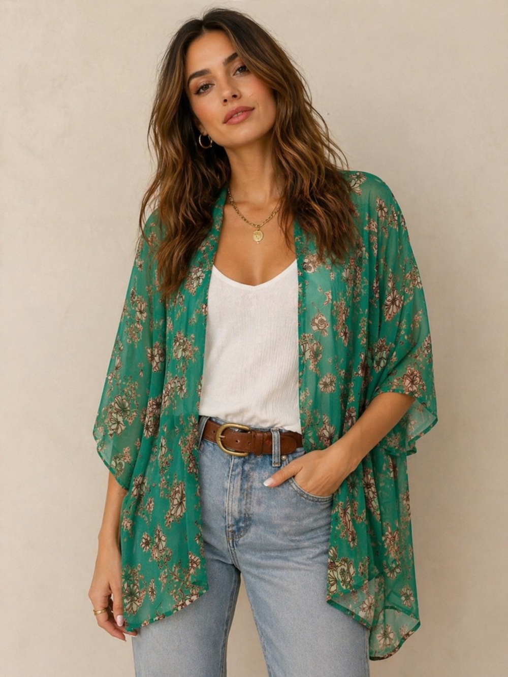 Green Floral Sheer Kimono Cover-Up